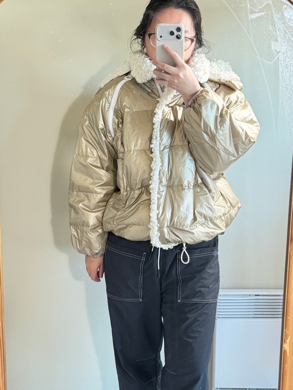 Metallic Gold Puffer Jacket with Shearling Trim